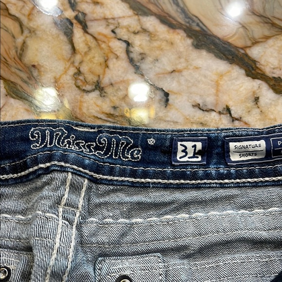 Miss Me Blue and White Jean Shorts with Lace Trim - Picture 3 of 4